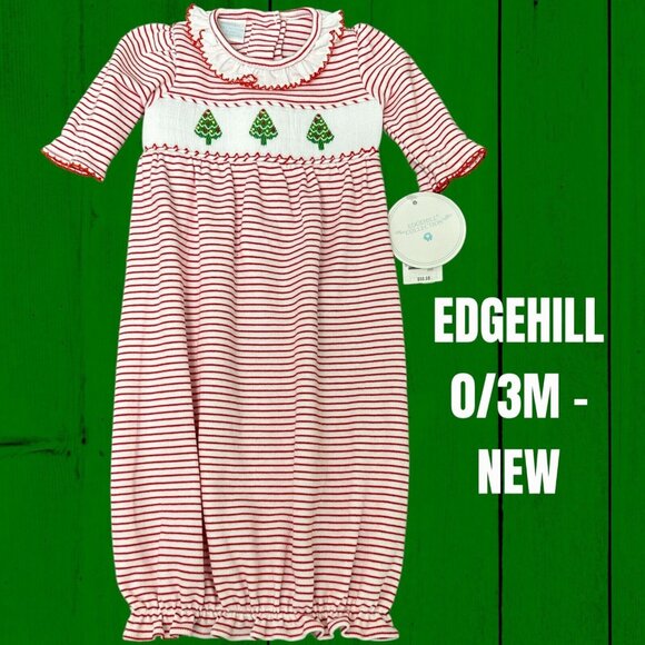 Edgehill Collection 0/3 M baby Girl Christmas Tree Smocked Sleeper Gown - Picture 1 of 8